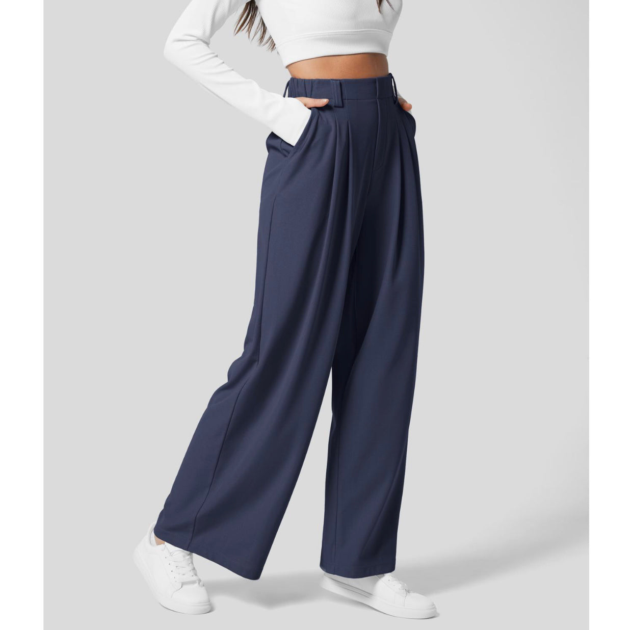 Owronline - High Waisted Plicated Side Pocket Wide Leg Waffle Casual Pants