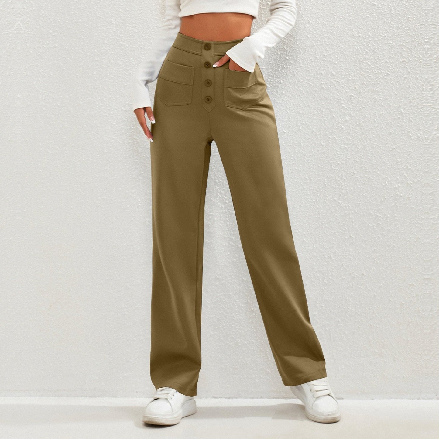 Owronline - High Waisted Button Multiple Pockets Straight Leg Casual Pants