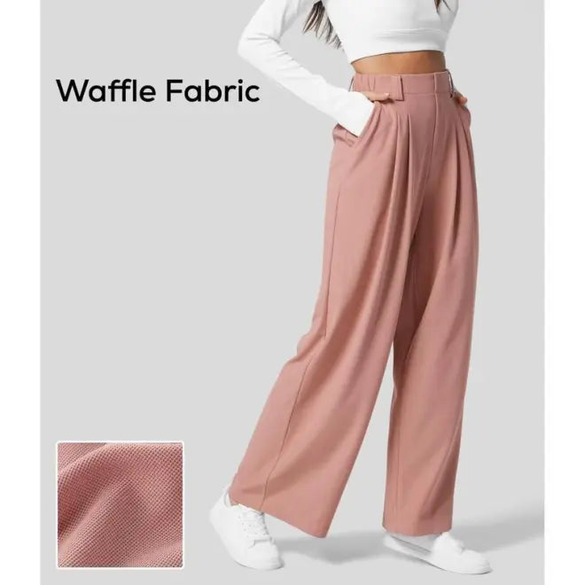 Owronline - High Waisted Plicated Side Pocket Wide Leg Waffle Casual Pants