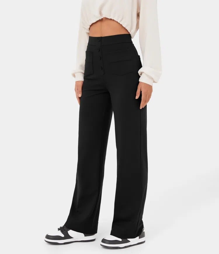 Owronline - High Waisted Button Multiple Pockets Straight Leg Casual Pants