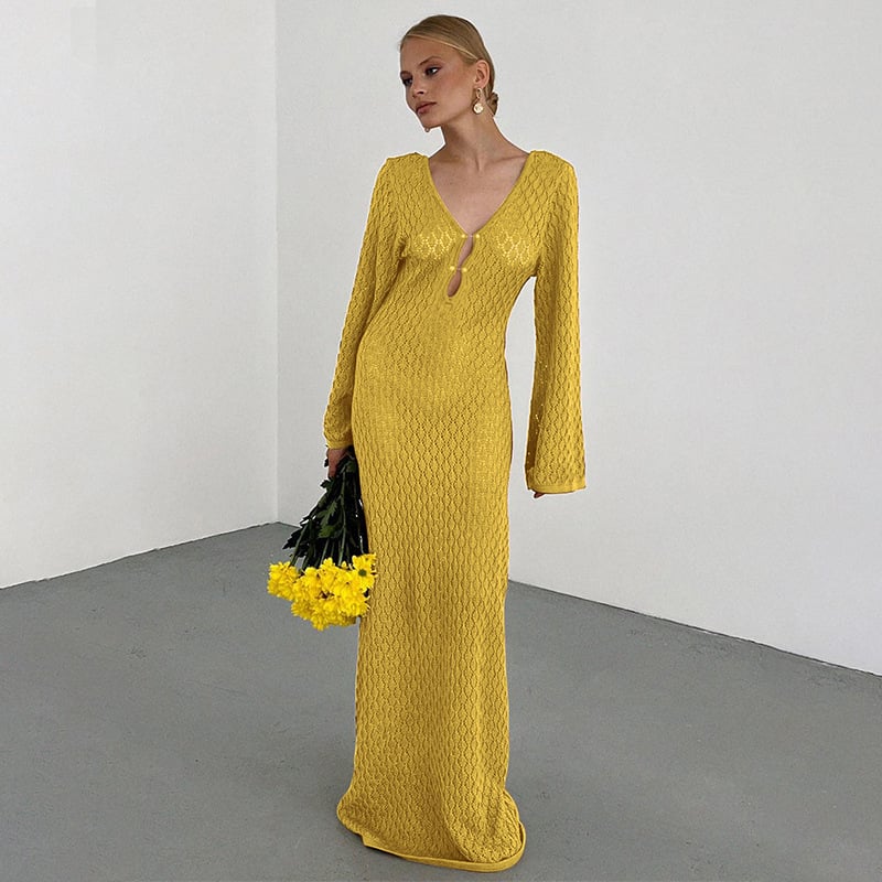 Owronline - Crochet Fishtail Flare Sleeve Maxi Dress