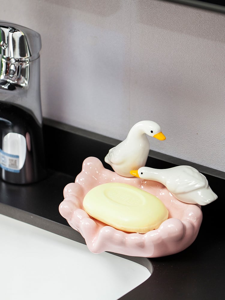 Owronline - Cute Ceramic Duck Soap Storage Drainer Box No Standing Water